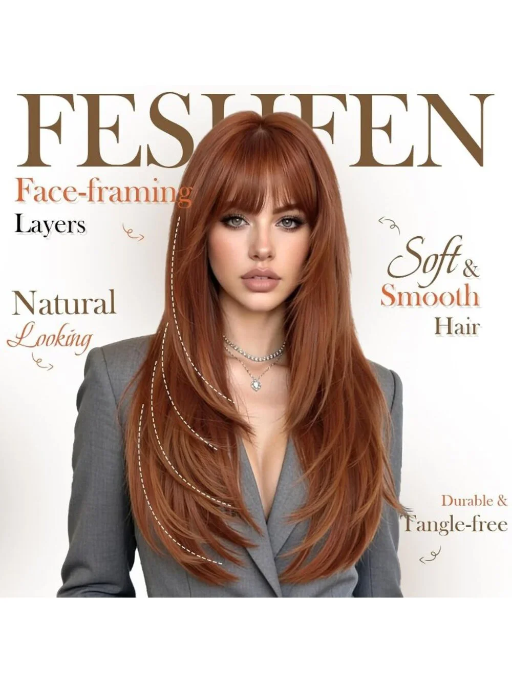 Women's Copper Red 24 Inch Natural Synthetic Long Straight Sleek Layered Wigs